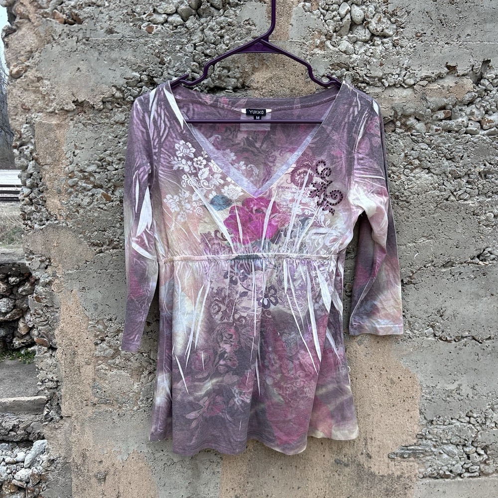 Yukiko‎ Tunic Top Women's Medium Empire Waist Floral Scoop V-Neck EUC y2k Bling